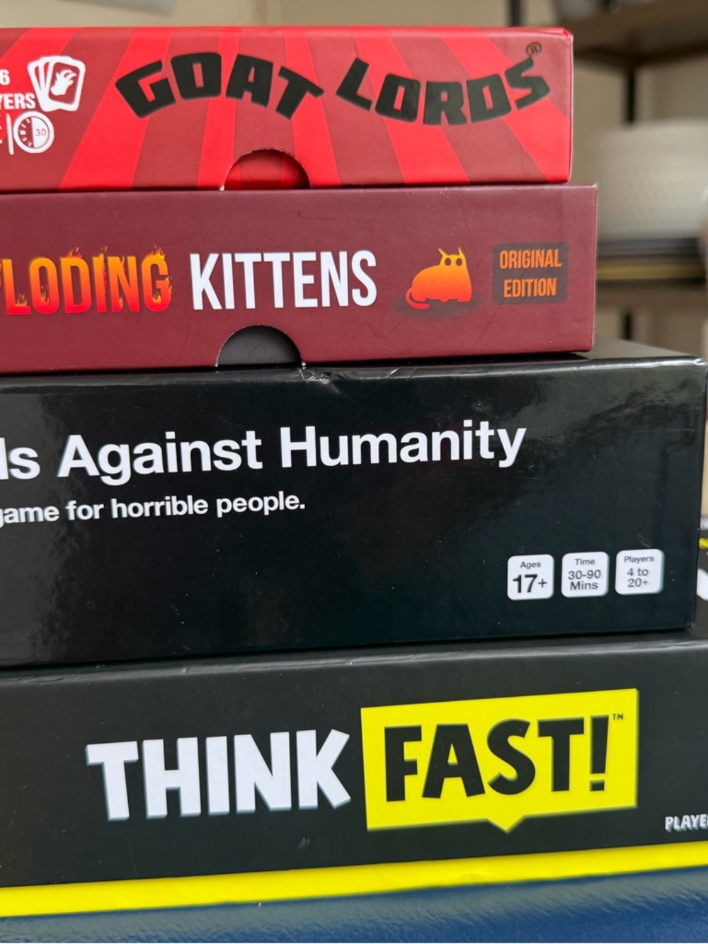 Party Card Games 4 sets cards against humanity, think fast, exploding kittens &